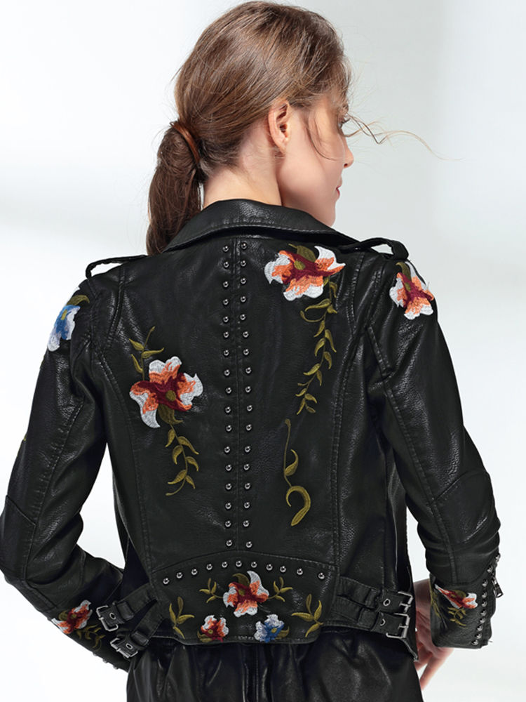 Thumbnail: Ftlzz Women Floral Print Embroidery Faux Soft Leather Jacket Coat  Turn-down Co