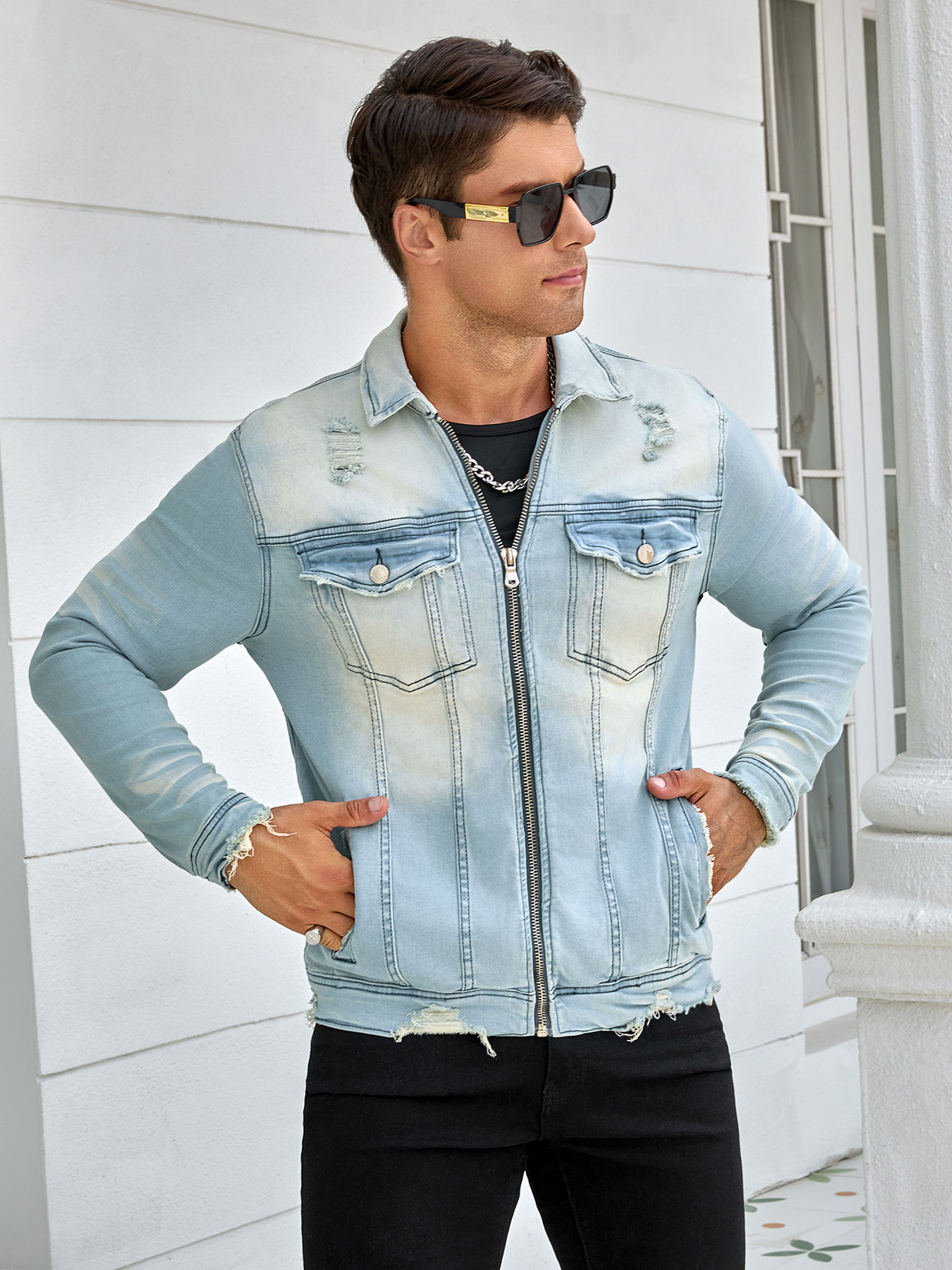 Men's denim stretch jacket, stylish zipper style, fashion wash, street rock sty