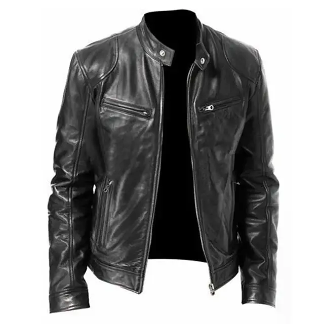 Miniaturebillede: 2023 Mens Fashion Leather Jacket Slim Fit Stand Collar PU Jacket Male Anti-wind
