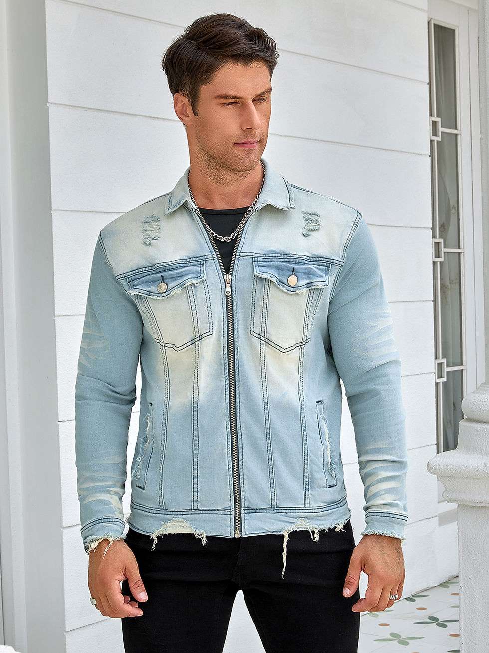 Thumbnail: Men's denim stretch jacket, stylish zipper style, fashion wash, street rock sty