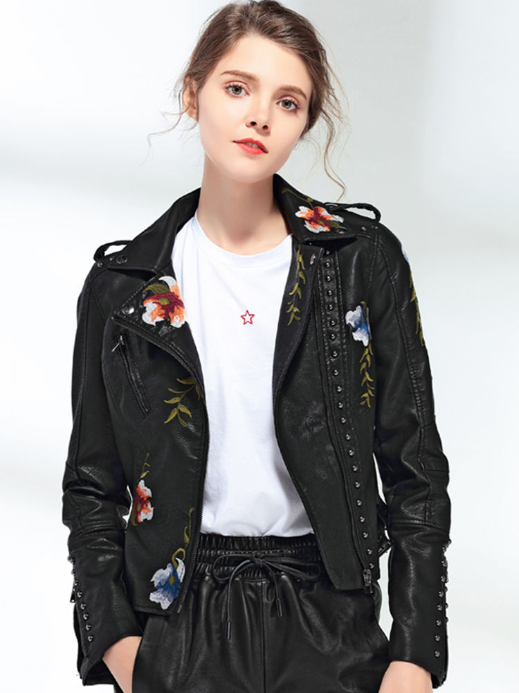 Thumbnail: Ftlzz Women Floral Print Embroidery Faux Soft Leather Jacket Coat  Turn-down Co