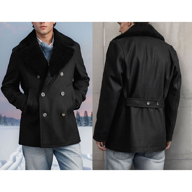 Pikkukuva: Stylish Men s Wool Pea Coat with Contrast Color Detail Double Breasted Design a