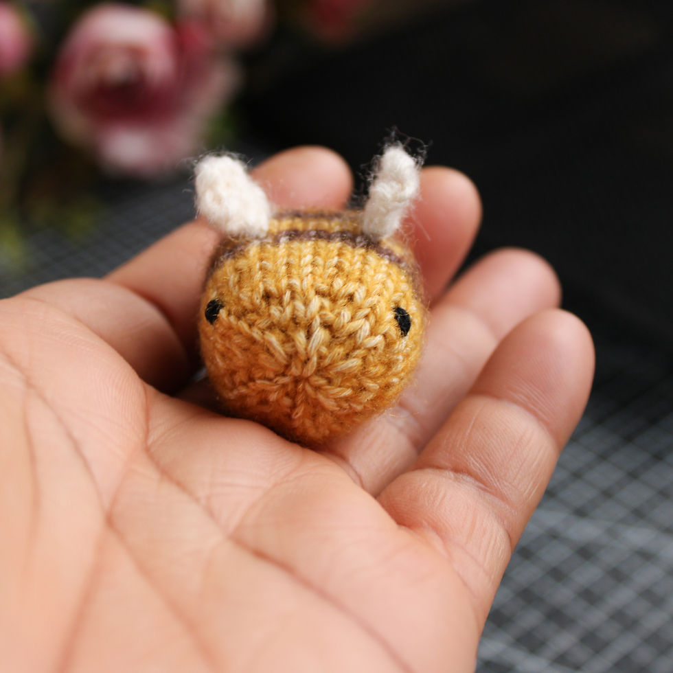 Thumbnail: Hand knitted bee in Yellow Jasper, Dark Brown and Ivory