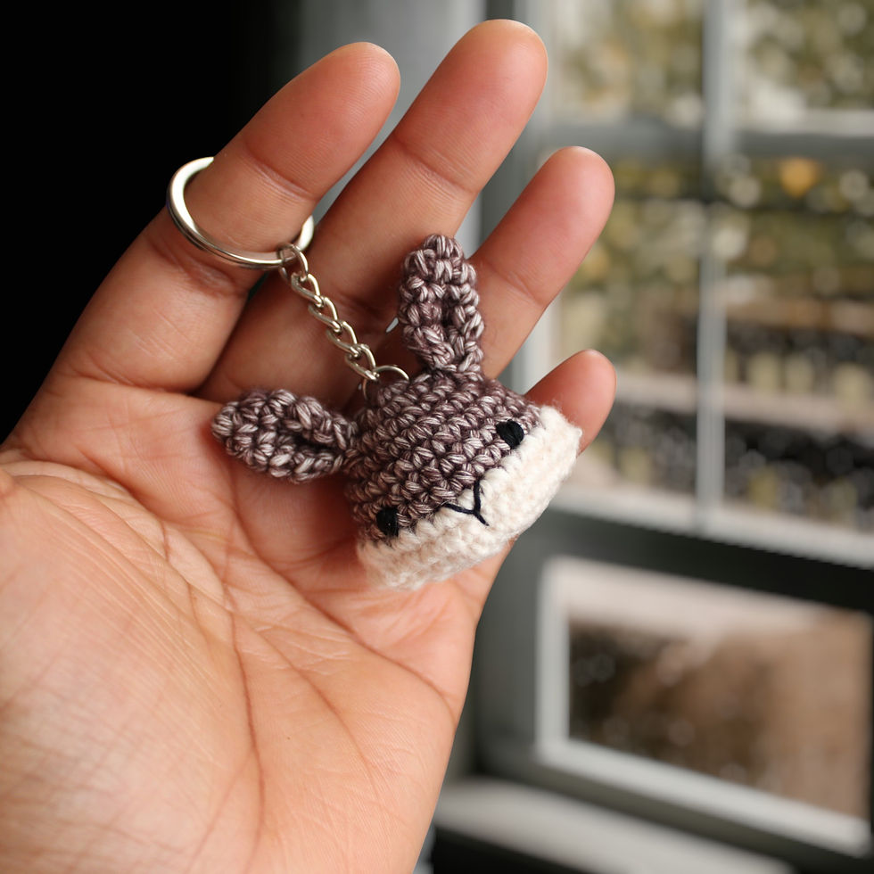 Thumbnail: Mini crochet bunny keyring in Brown, Beige and Cream