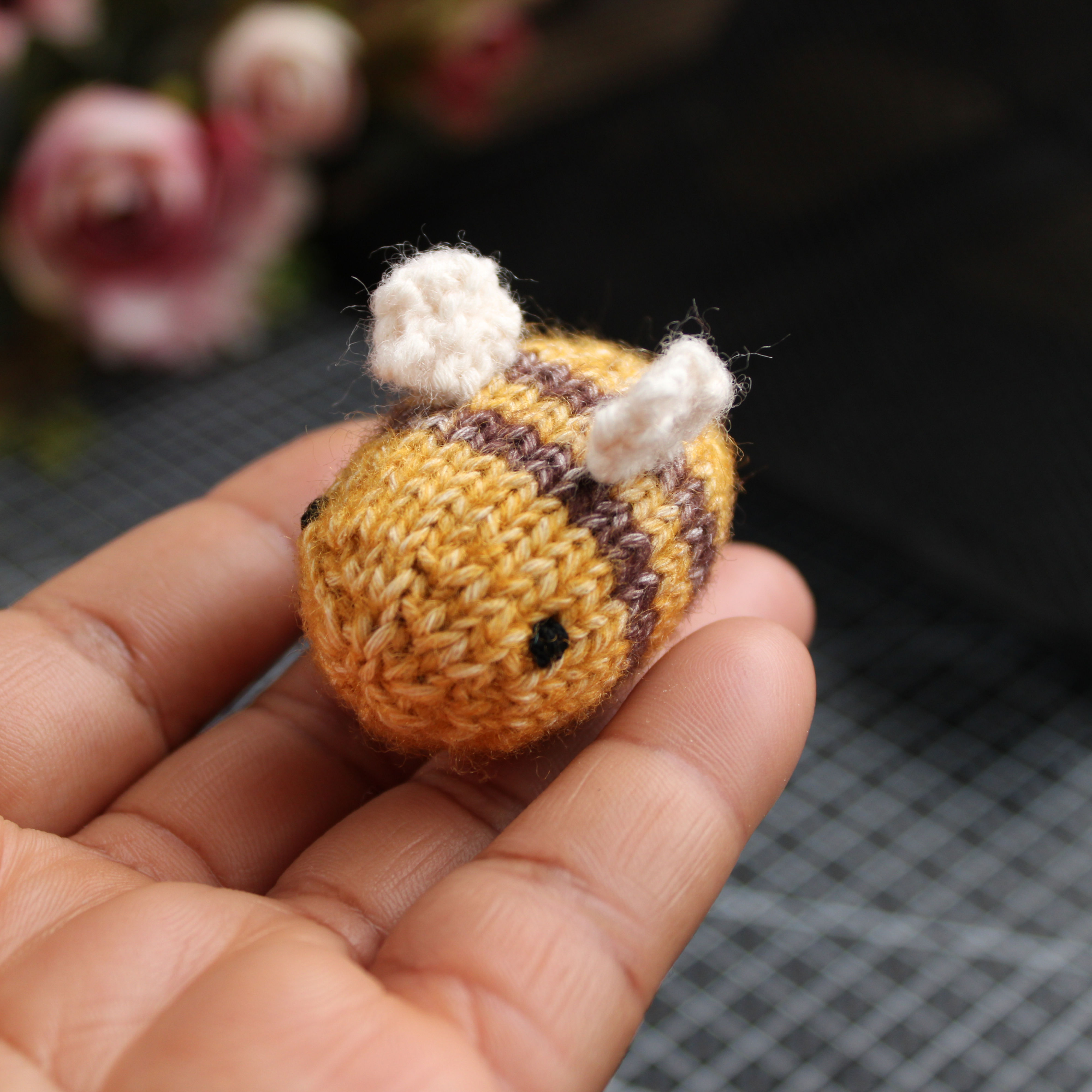 Hand knitted bee in Yellow Jasper, Dark Brown and Ivory