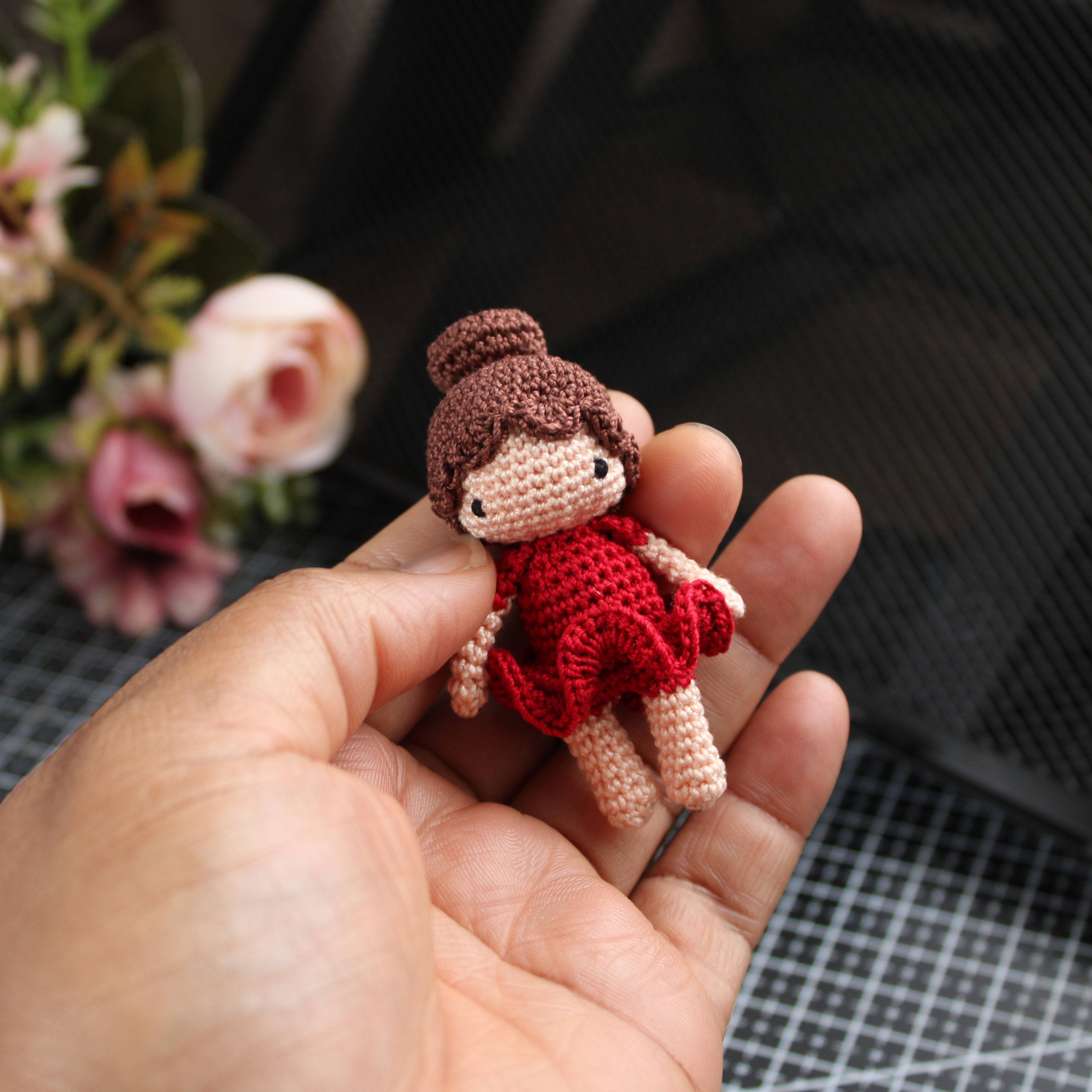 Micro crochet doll in Light Peach, Red and Autumn Brown