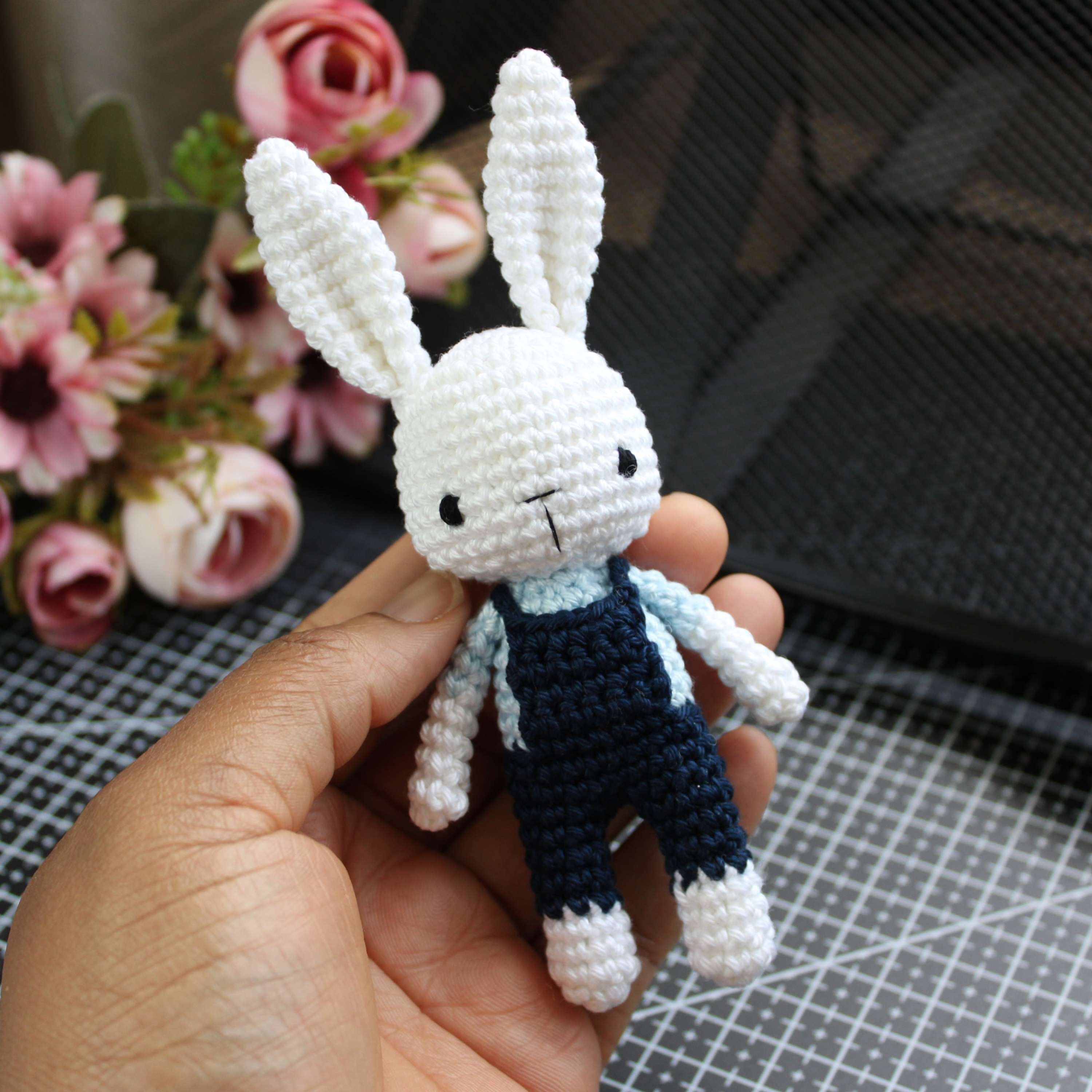 Small crochet bunny in White, Bluebell and Dark Blue