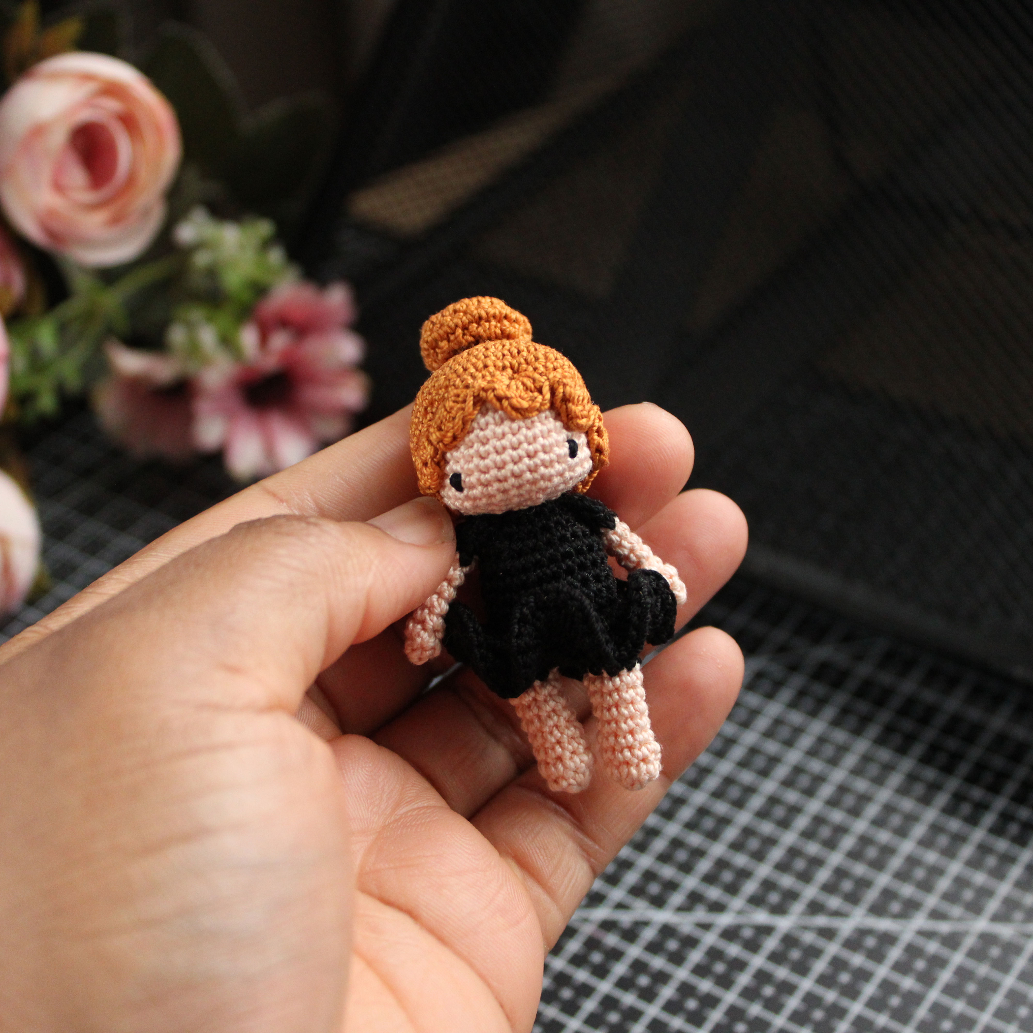 Micro crochet doll in Light Peach, Black and Ginger Gold