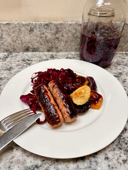 red cabbage sauerkraut, roasted apple, onion and sausages