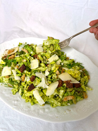 A forkful of Green Goddess Caesar salad