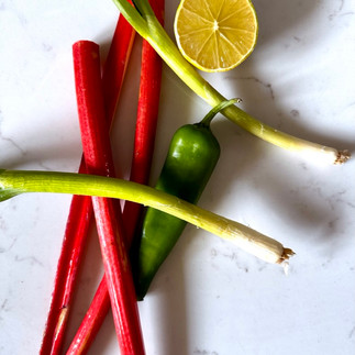 Rhubarb sticks, spring onions, lime and jalapeño