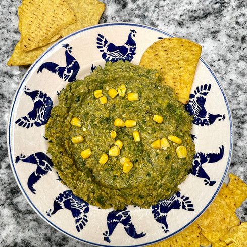 Corn and spring onion dip with tortilla crisps
