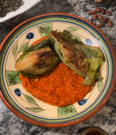 charred sweetheart cabbage and romesco style sauce