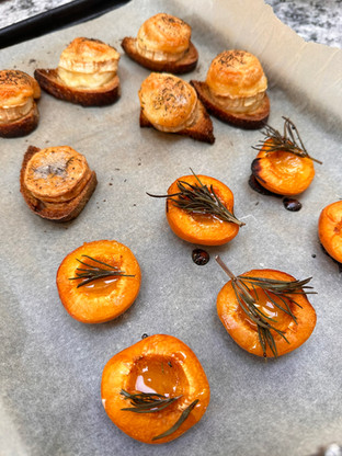 honey and rosemary roasted apricots with goat's cheese toasts straight out of the oven