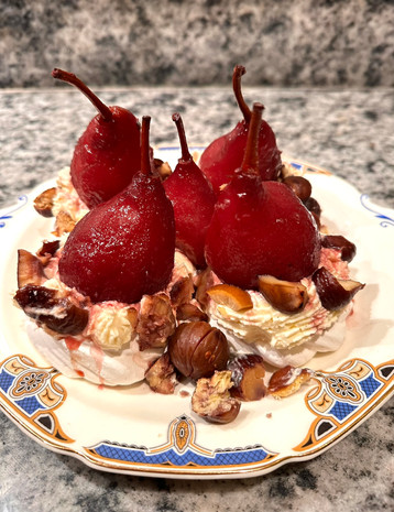 red wine poached pear, chestnut and chantilly pavlova 