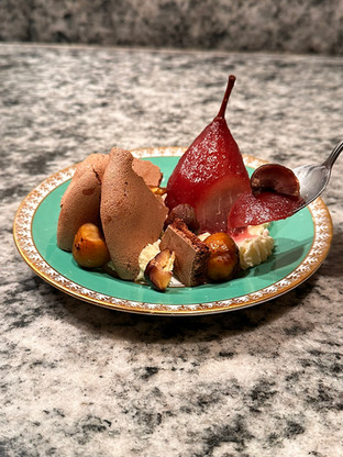 red wine poached pear, chestnut and chantilly pavlova - spoonful