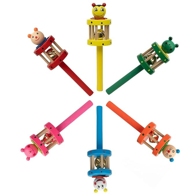 Thumbnail: Non Toxic Colorful Wooden Baby Rattle Toy - (random prints)