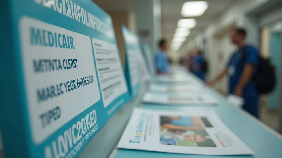 Eye-level view of a Medicare information booth with brochures and pamphlets