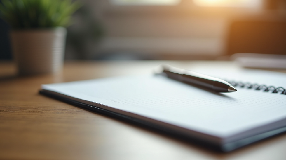 Close-up view of a notebook and pen on a therapy desk ready for a session