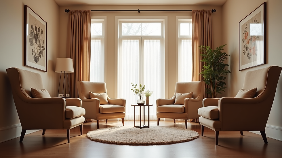 Eye-level view of a cozy therapy room with comfortable chairs arranged in a circle