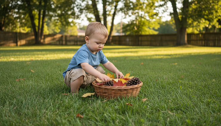 Wide-angle view of a toddler exploring leaves and pinecones in a backyard.