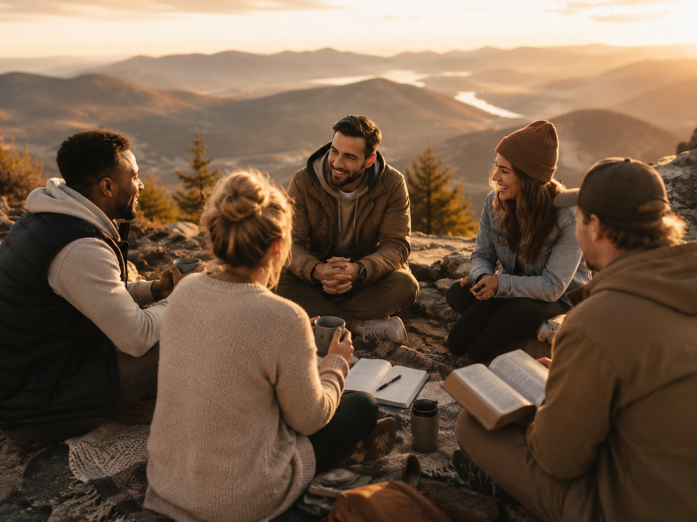 Five friends on mountain studying Bible, pursuing God first.