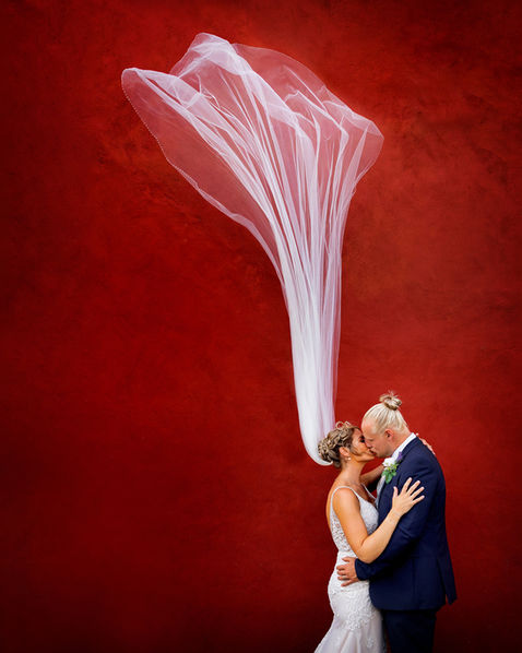 incredible flying veil photograph taken at Priory Cottages in Leeds. Leeds wedding photographer.