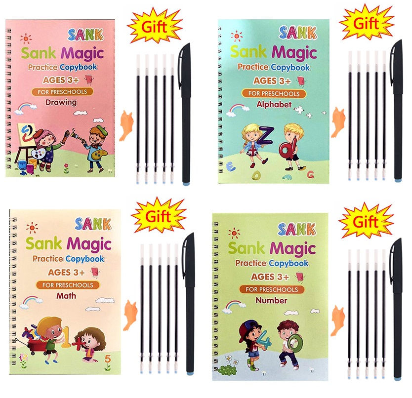 Pack Of 4 Pcs With 10 Refill Copybooks Pen Magic Copy Book ( Free Shipping )