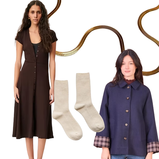 Brown midi dress styled with cream alpaca socks, gold chain and navy woven trench coat