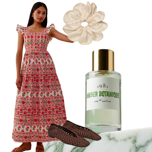 Ditsy Floral dress styles with brown woven ballet flat, 1981 Amber Perfume and silk floral scrunchie