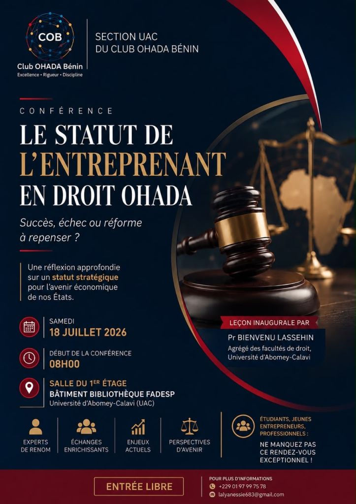 Conférence sur le statut de l'entreprenant en droit OHADA, le 18 juillet 2026 à Abomey-Calavi (Bénin)