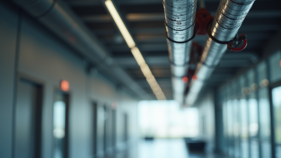 Eye-level view of a commercial building fire sprinkler system installed on the ceiling