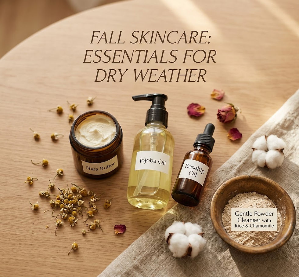 Fall Skincare Essentials flat lay featuring natural oils, shea butter, and a gentle powder cleanser.
