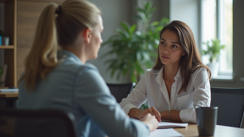 Close-up view of a career counselor discussing options with a student