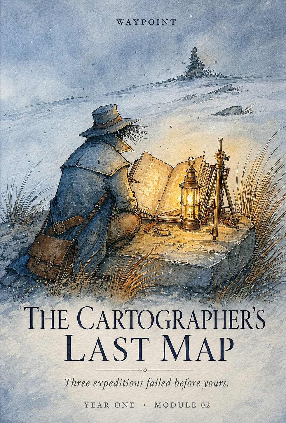 The Cartographer’s Last Map — a traveler studies a map by lantern light