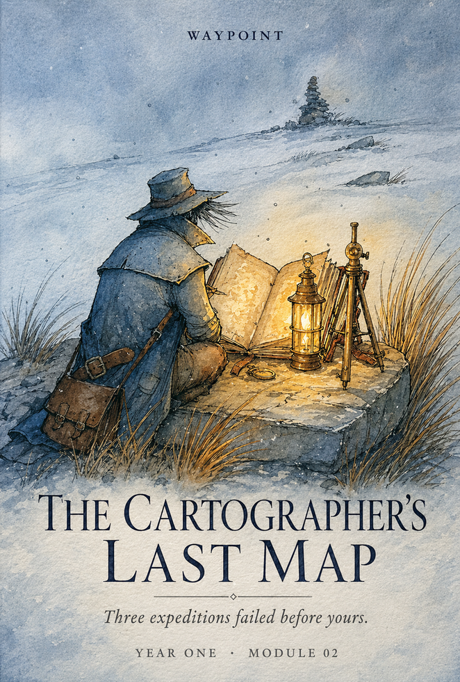 The Cartographer’s Last Map — a traveler studies a map by lantern light