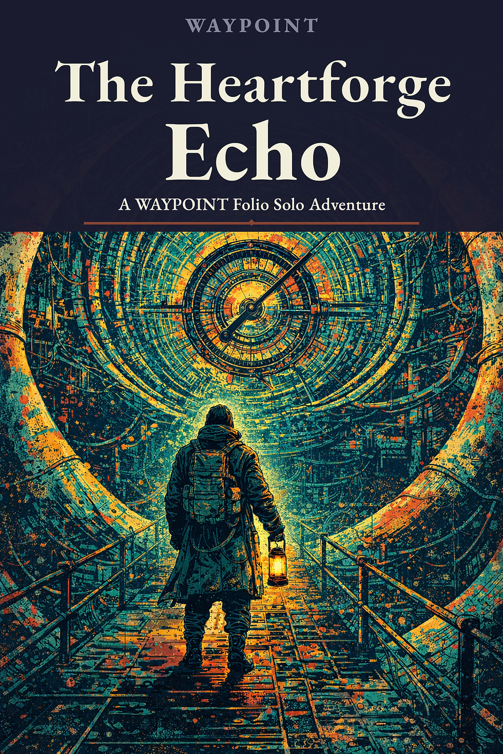 The Heartforge Echo — a lone explorer carries a lantern into an immense circular vault