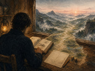 A solo tabletop roleplayer with two dice and an open book overlooks a vast dawn valley as the tabletop map becomes the road ahead.