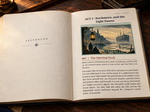 A tabletop presentation of Saltbound's illustrated opening page beside two dice and a pencil.