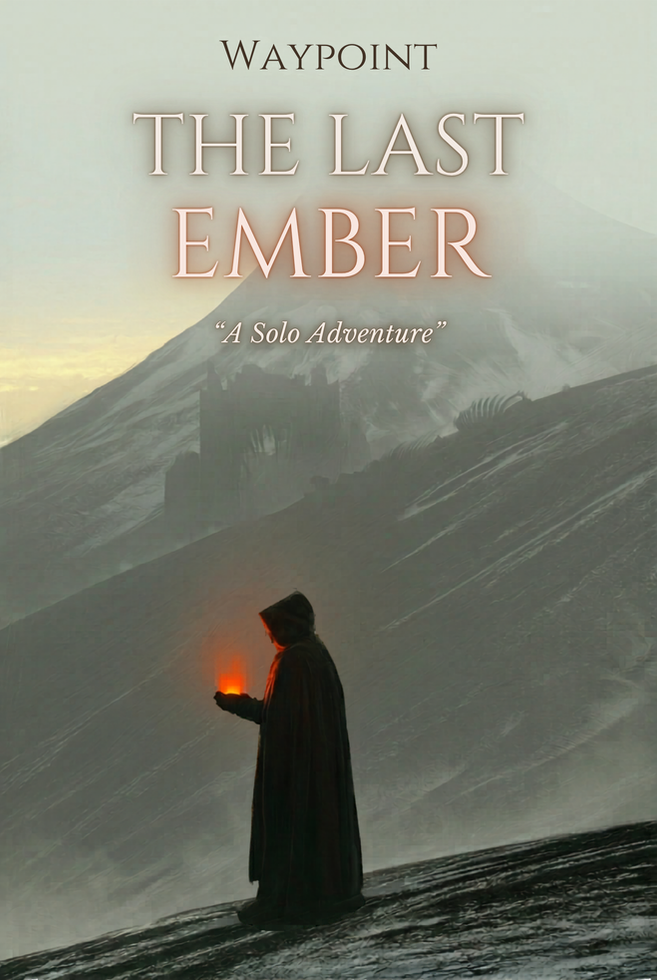 The Last Ember — a lone traveler carries a glowing ember below a mountain fortress