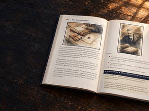 An open WAYPOINT adventure book, two dice and a pencil on a wooden table.
