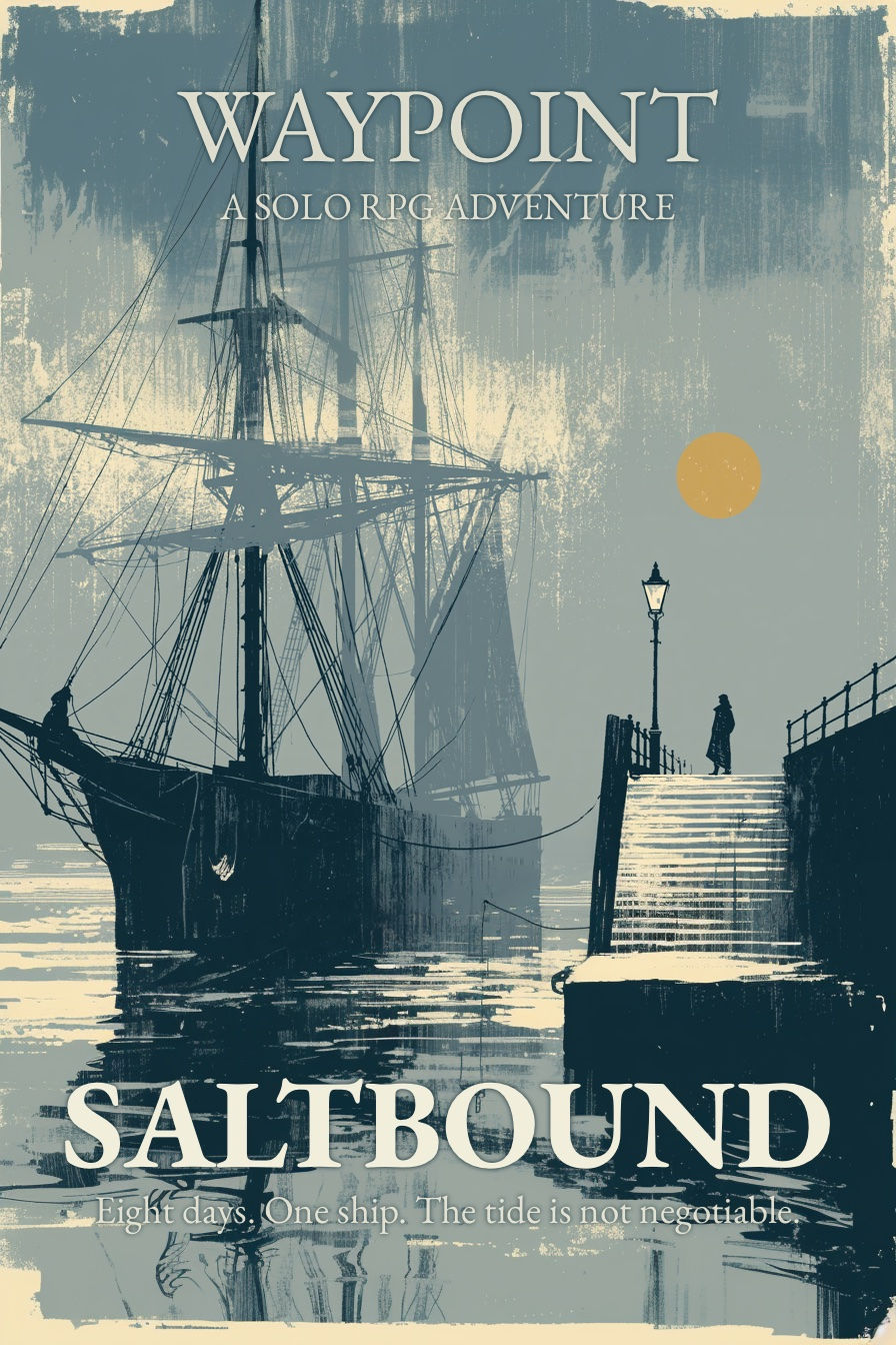 Saltbound — WAYPOINT solo adventure cover, a sailing ship in a misty harbor