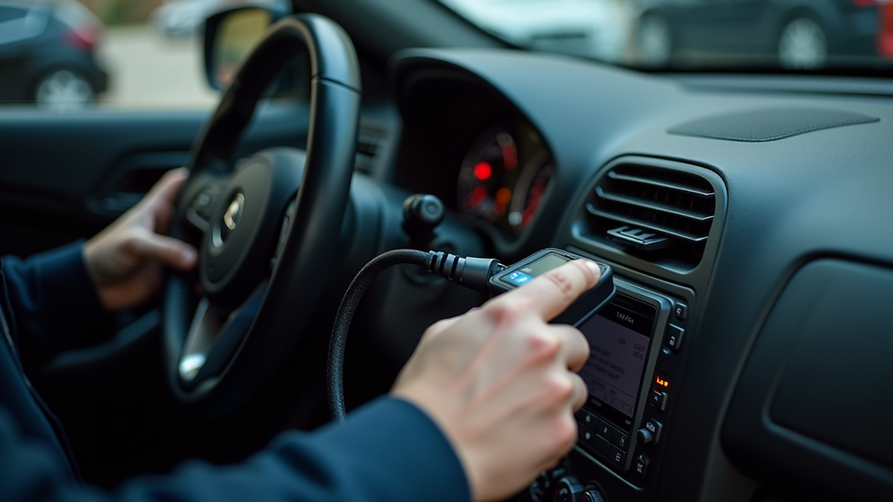 High angle view of a diagnostic tool connected to a car's electronic control unit