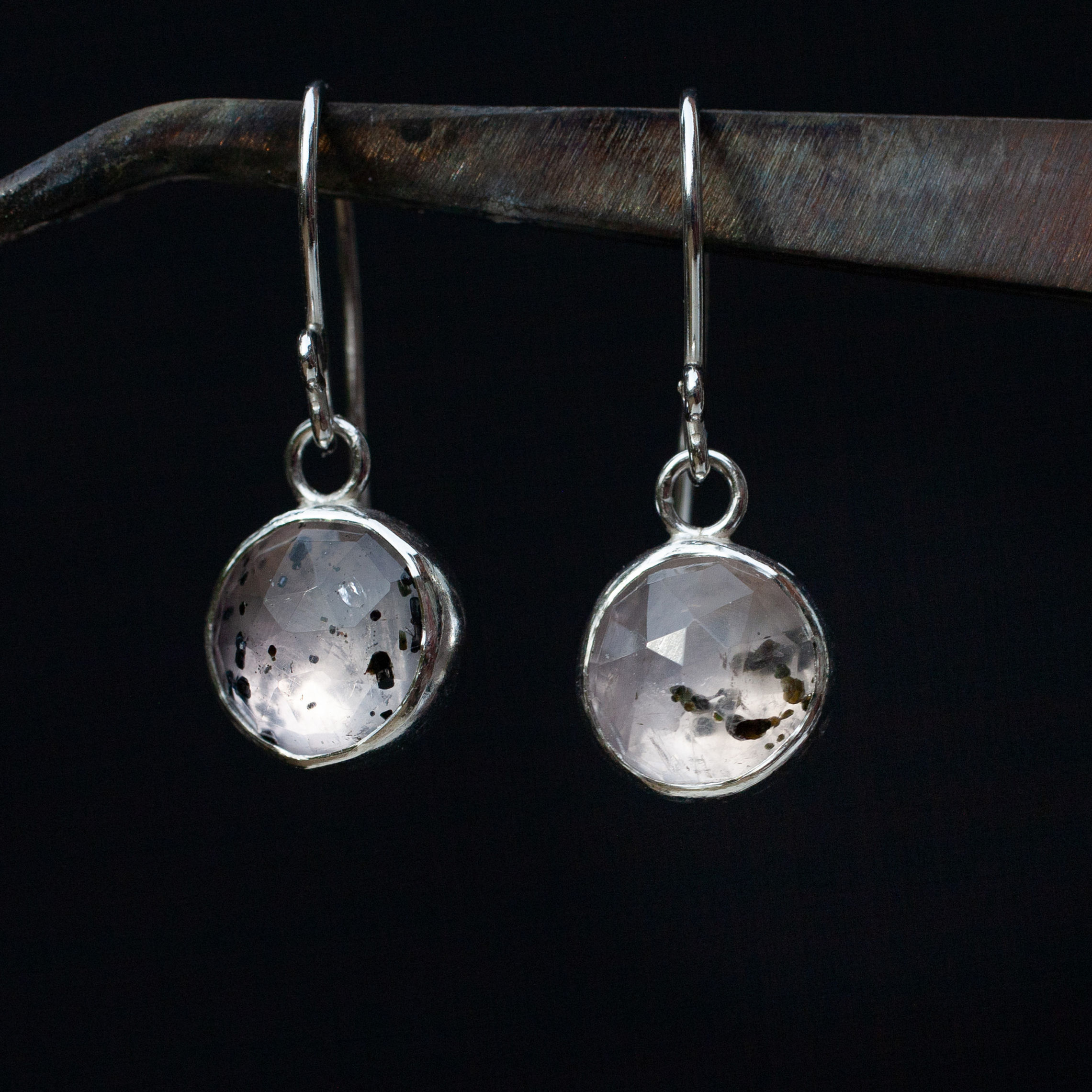 Pair of round gemstone earrings in light pink colour, handmade