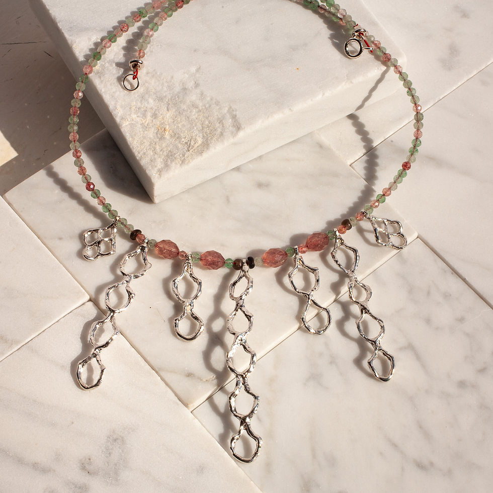 Thumbnail: Pink and green Strawberry Quarts necklace with elongate silver elements