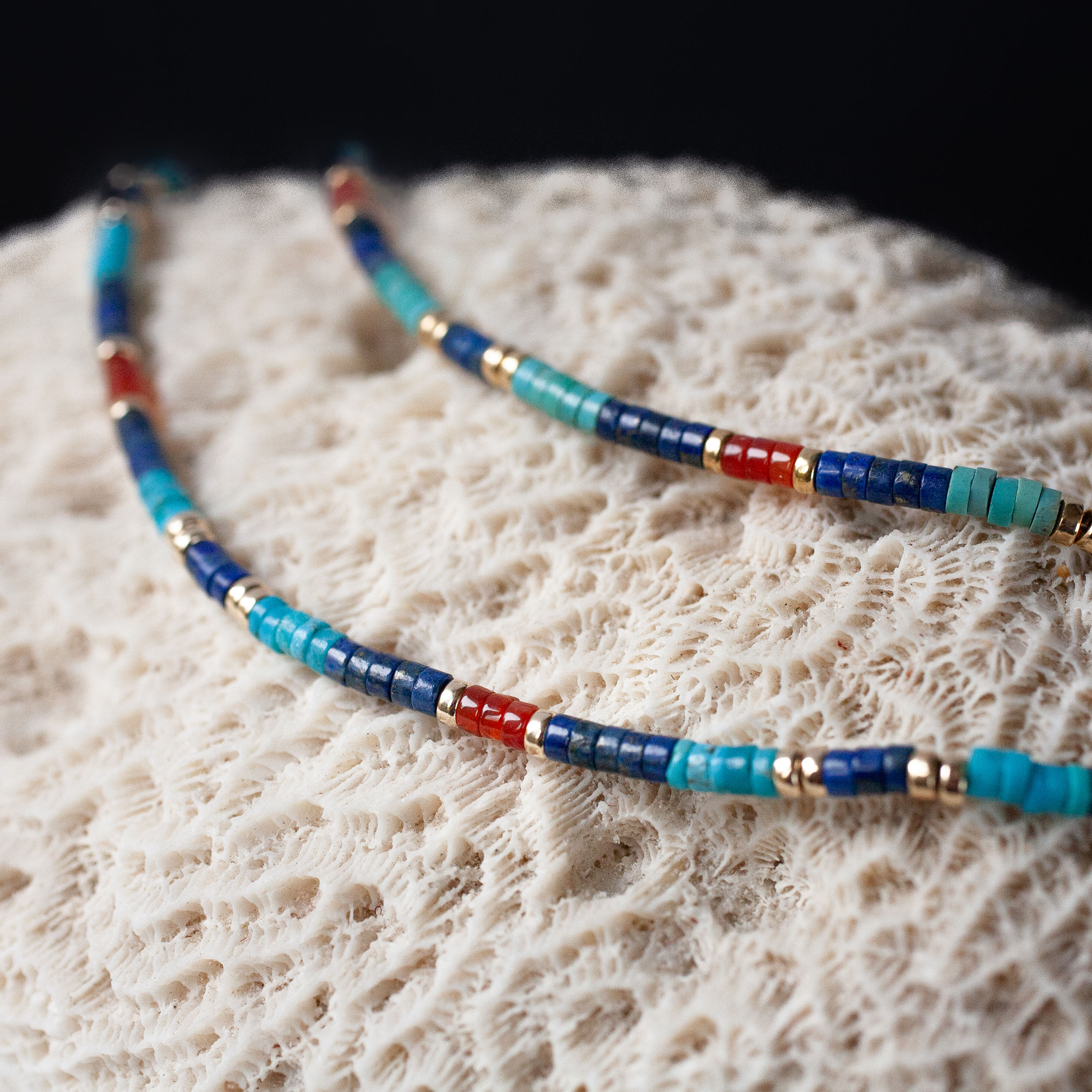 Ancient Egyptian-inspired necklaces with turquoise, lapis lazuli, carnelian and gold