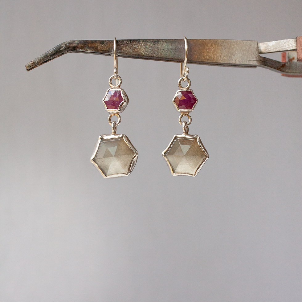 Thumbnail: Unique gemstone earrings featuring grey moonstone and ruby