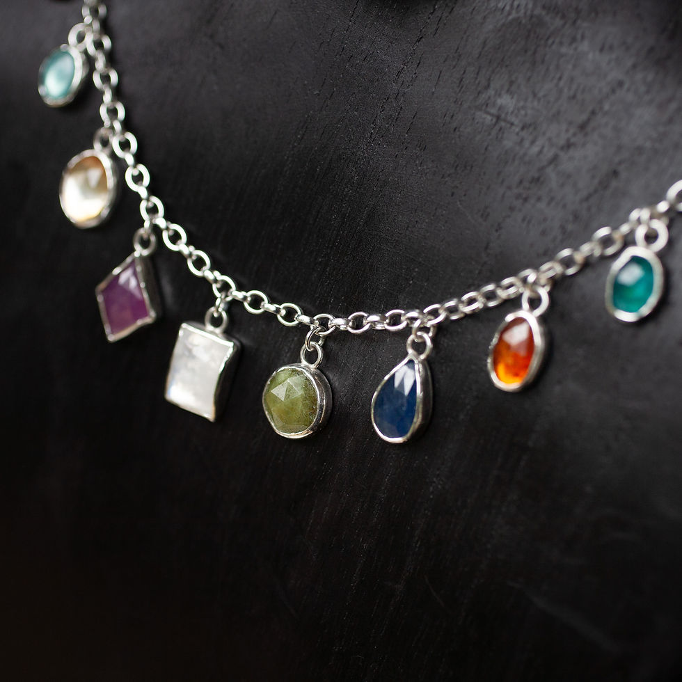 Thumbnail: Silver necklace with nine colourful gemstones on black background