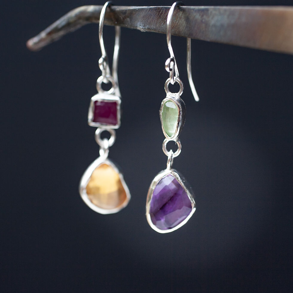 Thumbnail: Asymmetric silver earrings with amethyst, citrin, ruby and kyanite