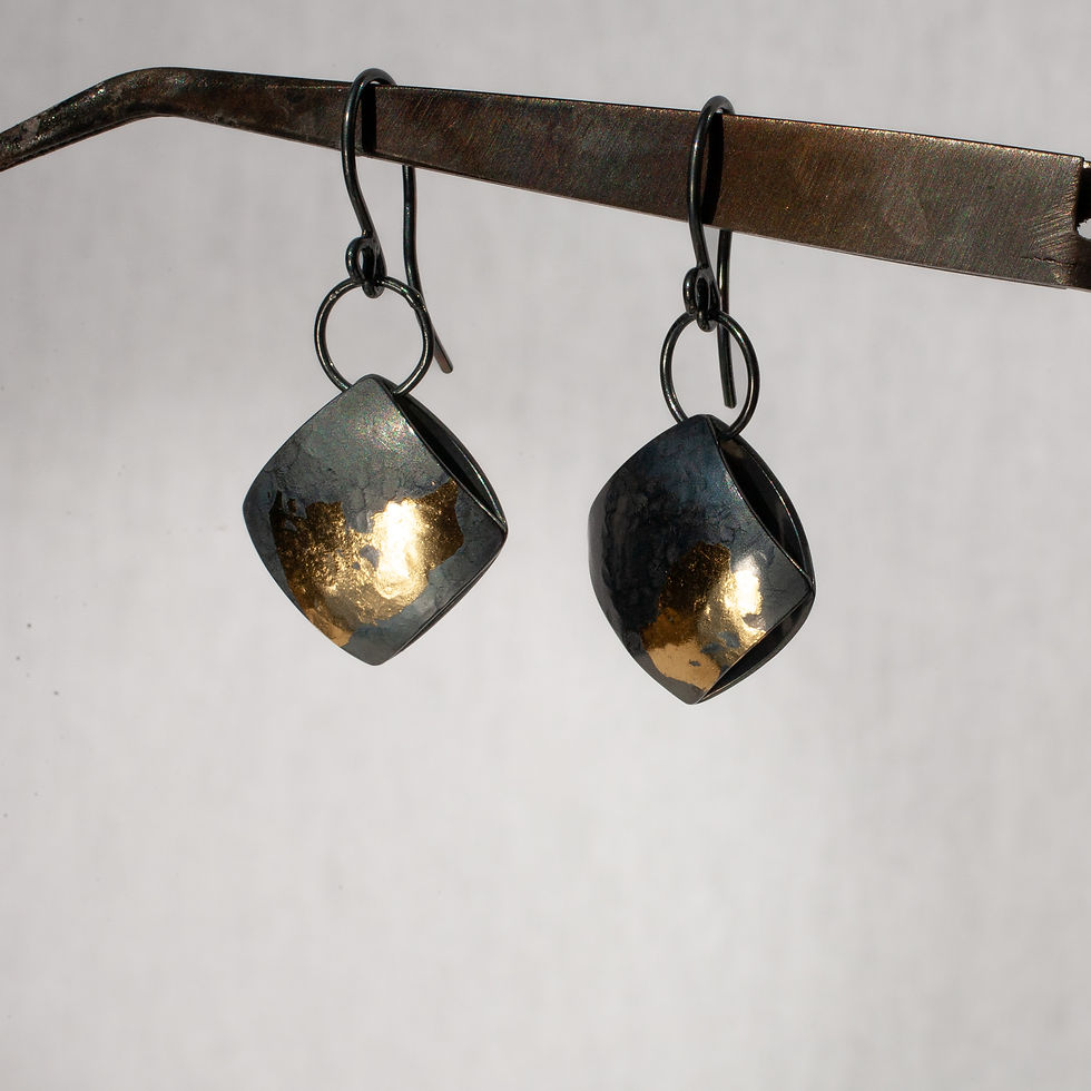Thumbnail: Handcrafted asymmetric silver earrings in abstract shapes, dark grey with gold application